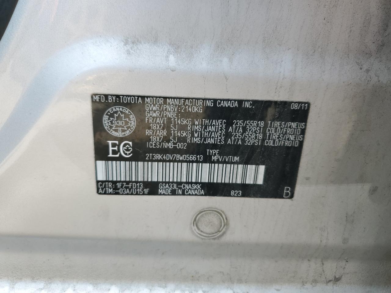 2011 Toyota Rav4 Sport VIN: 2T3RK4DV7BW056613 Lot: 68311305