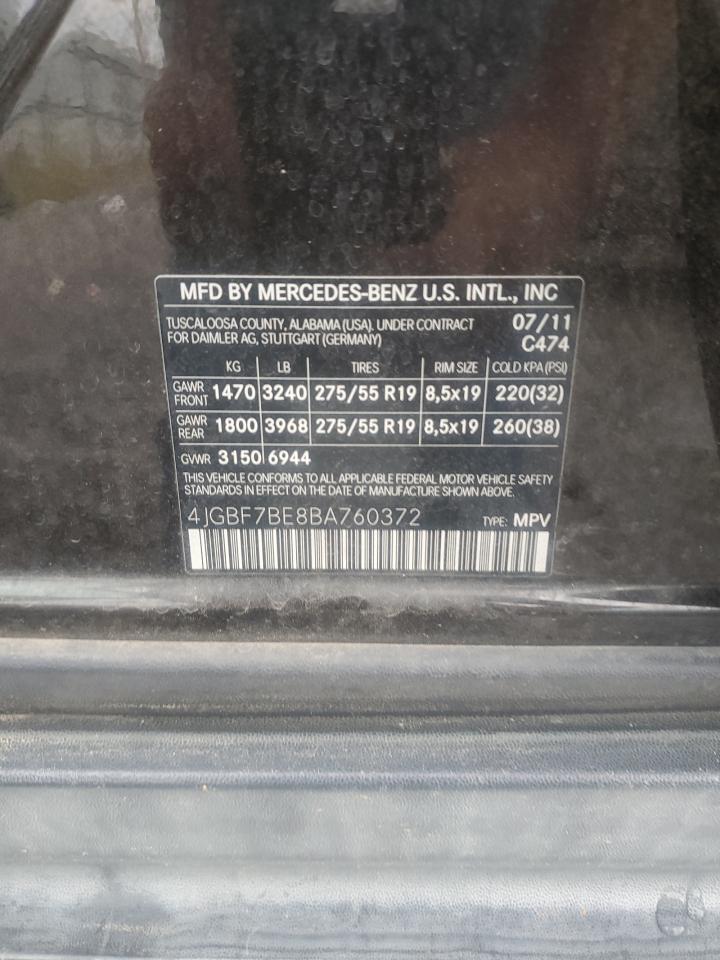 2011 Mercedes-Benz Gl 450 4Matic VIN: 4JGBF7BE8BA760372 Lot: 70375735