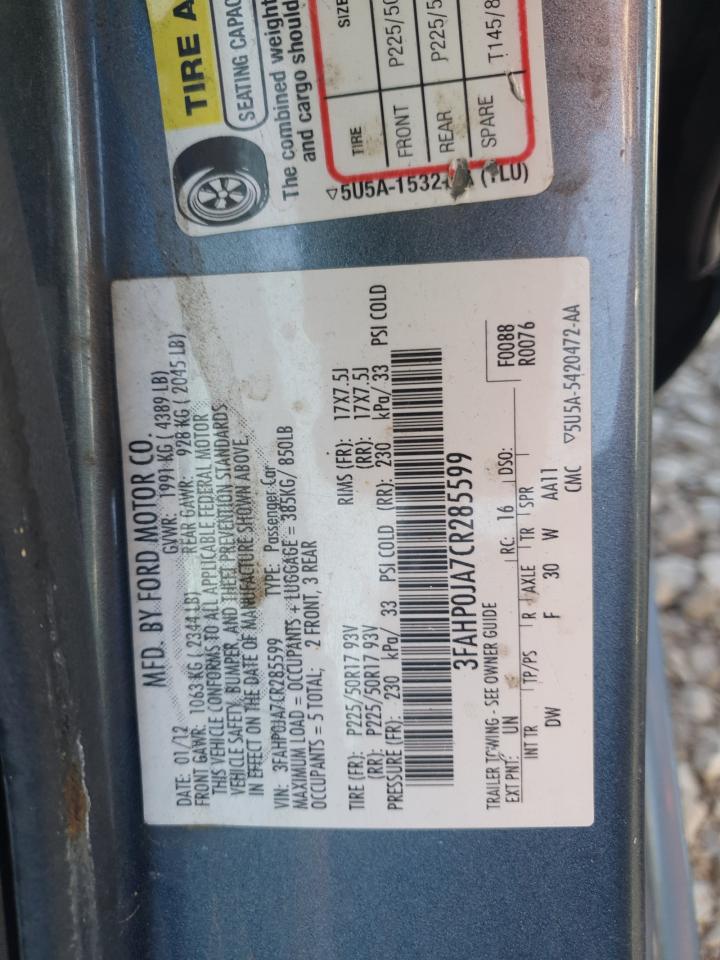 2012 Ford Fusion Sel VIN: 3FAHP0JA7CR285599 Lot: 81736185