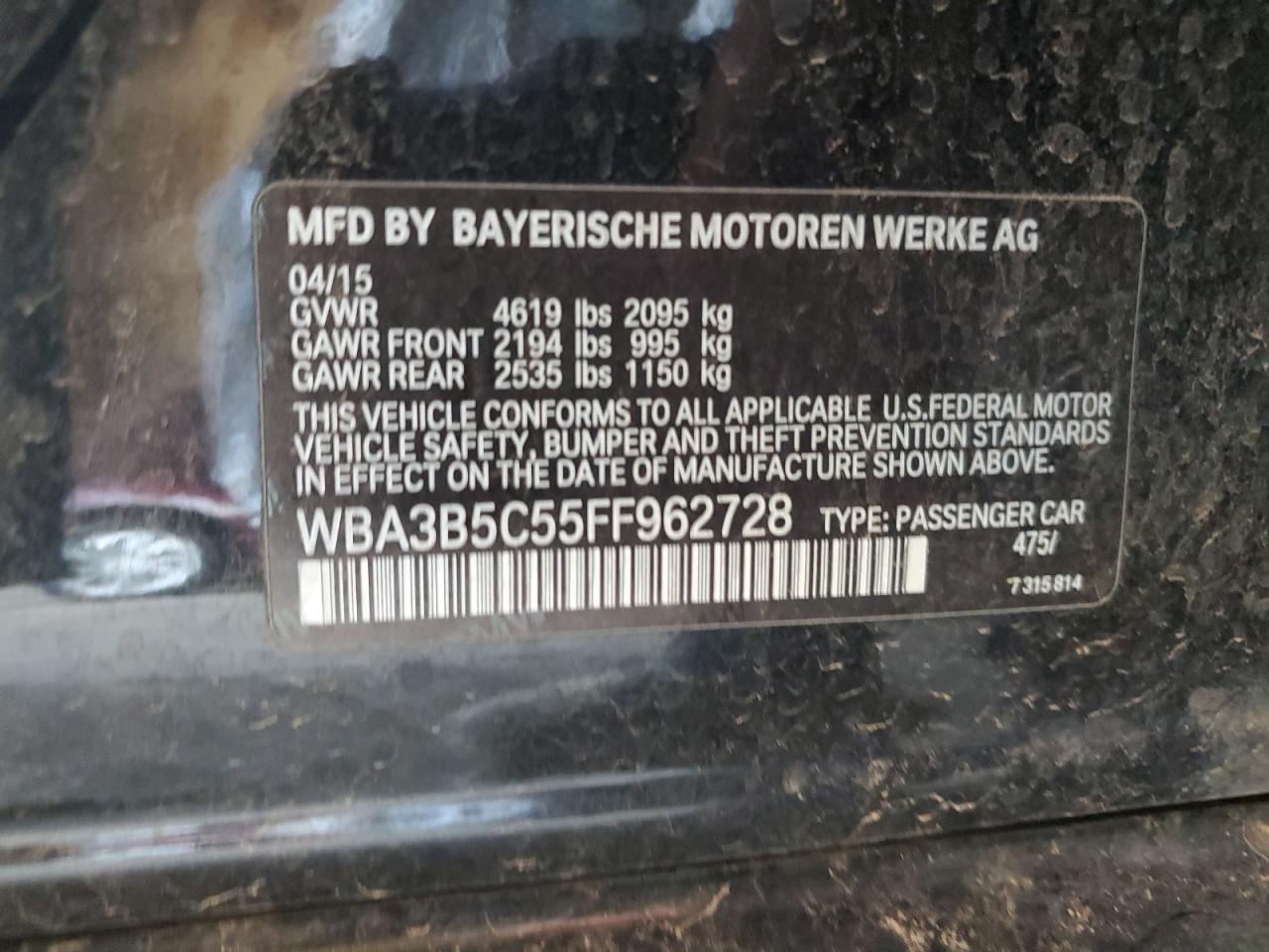 2015 BMW 328 Xi Sulev VIN: WBA3B5C55FF962728 Lot: 81721655