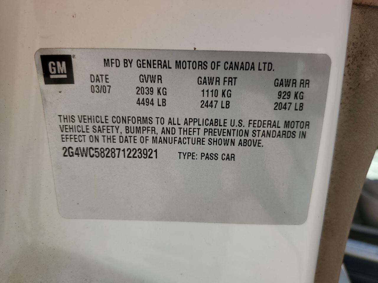 2007 Buick Lacrosse Cx VIN: 2G4WC582871223921 Lot: 80260985