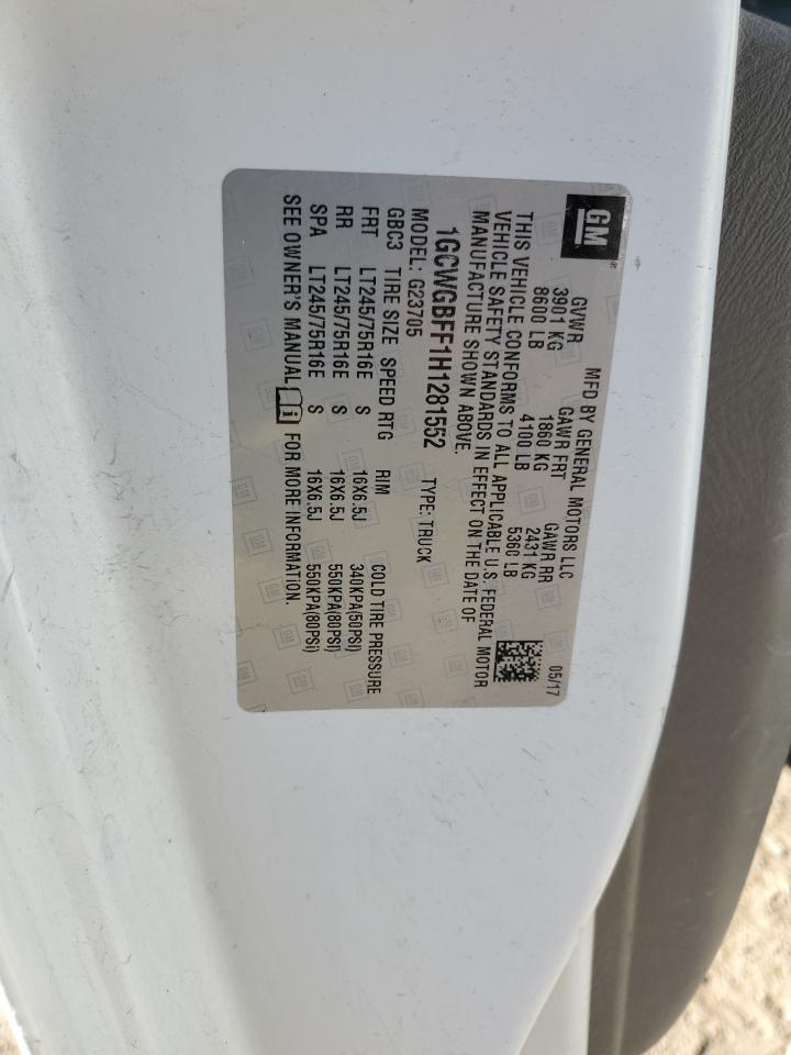 2017 Chevrolet Express G2500 VIN: 1GCWGBFF1H1281552 Lot: 84548215