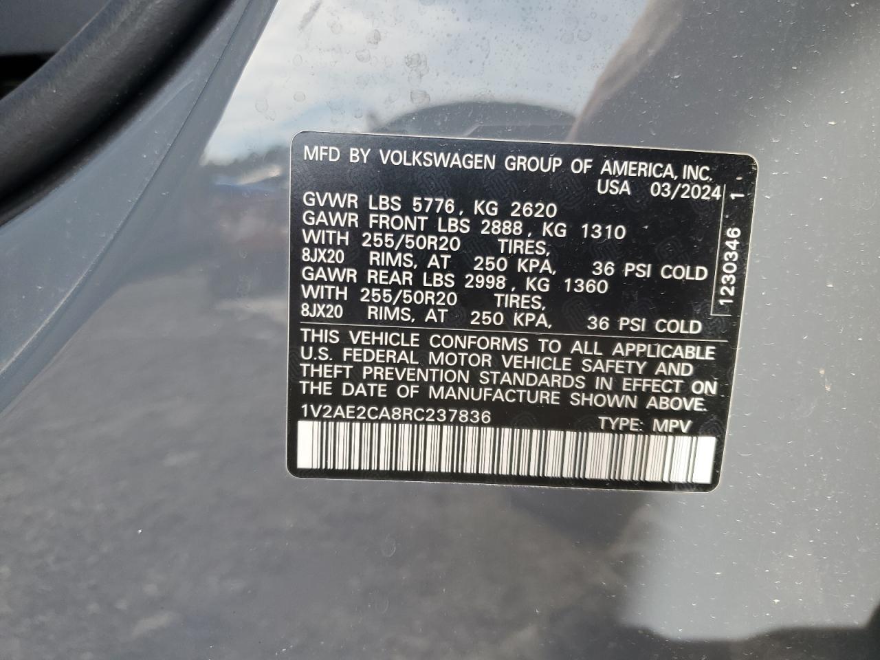 2024 Volkswagen Atlas Cross Sport Sel R-Line VIN: 1V2AE2CA8RC237836 Lot: 84596535