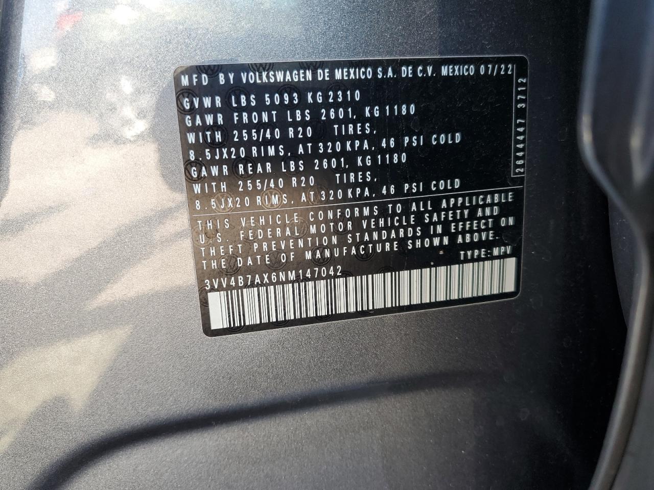 2022 Volkswagen Tiguan Sel R-Line VIN: 3VV4B7AX6NM147042 Lot: 81744345