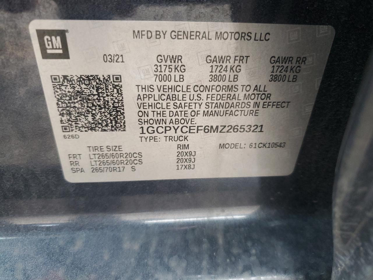 2021 Chevrolet Silverado K1500 Trail Boss Custom VIN: 1GCPYCEF6MZ265321 Lot: 83948855