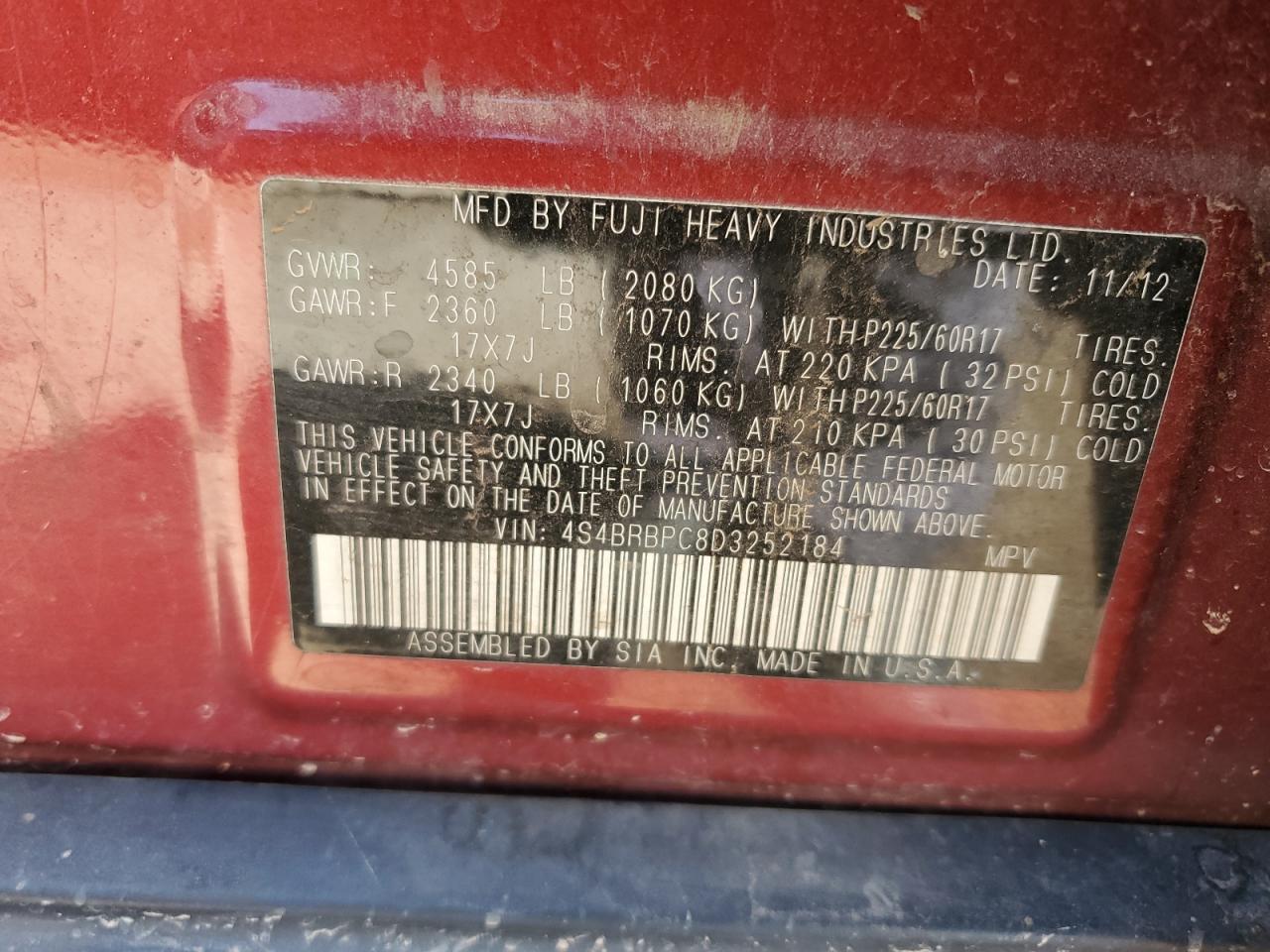 2013 Subaru Outback 2.5I Limited VIN: 4S4BRBPC8D3252184 Lot: 80315095