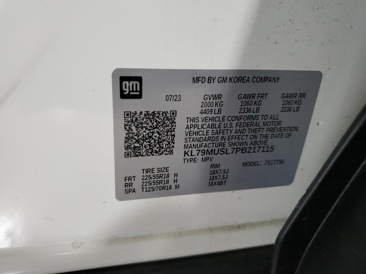 2023 Chevrolet Trailblazer Rs VIN: KL79MUSL7PB217115 Lot: 80274155