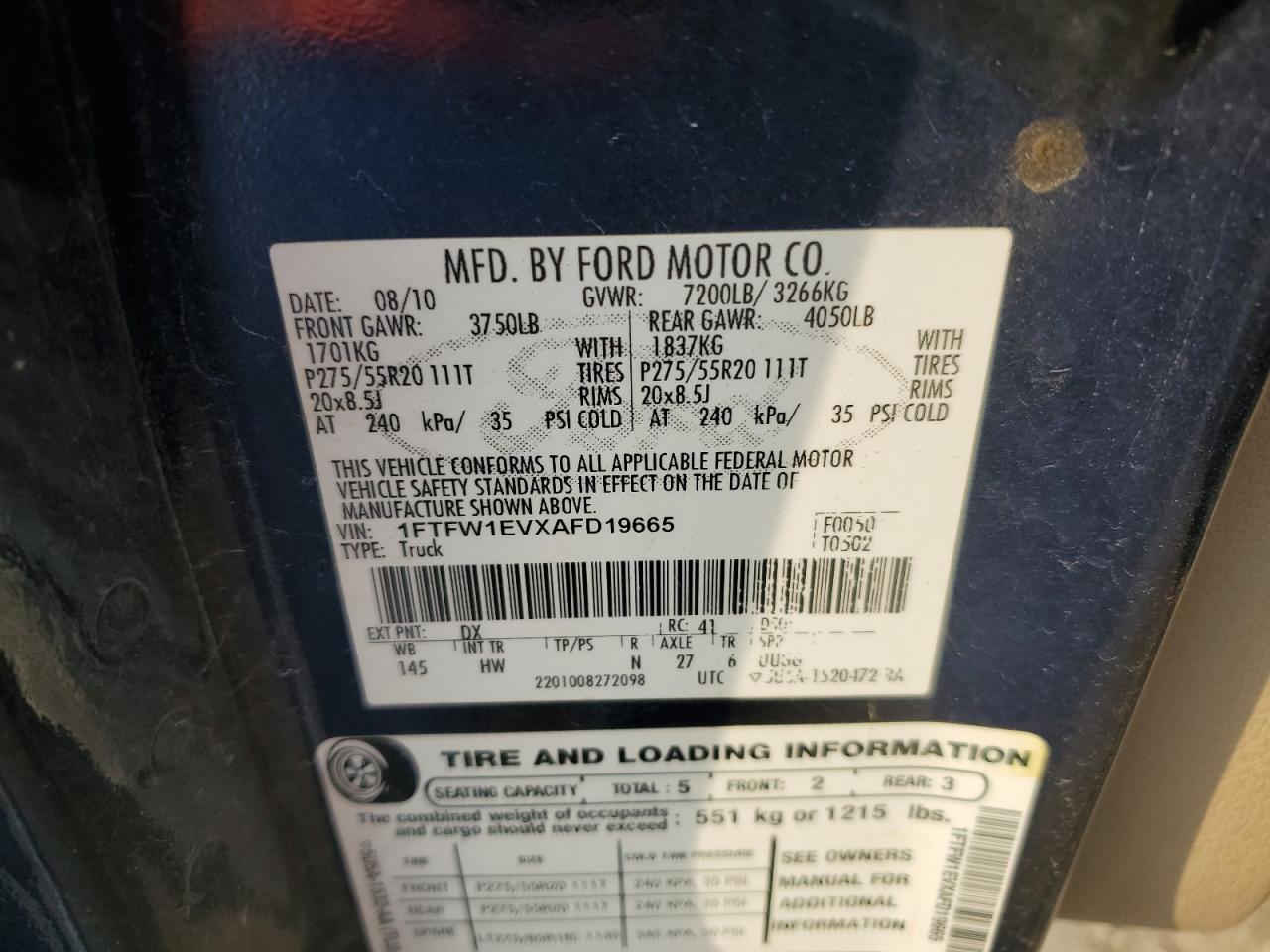 2010 Ford F150 Supercrew VIN: 1FTFW1EVXAFD19665 Lot: 80522095