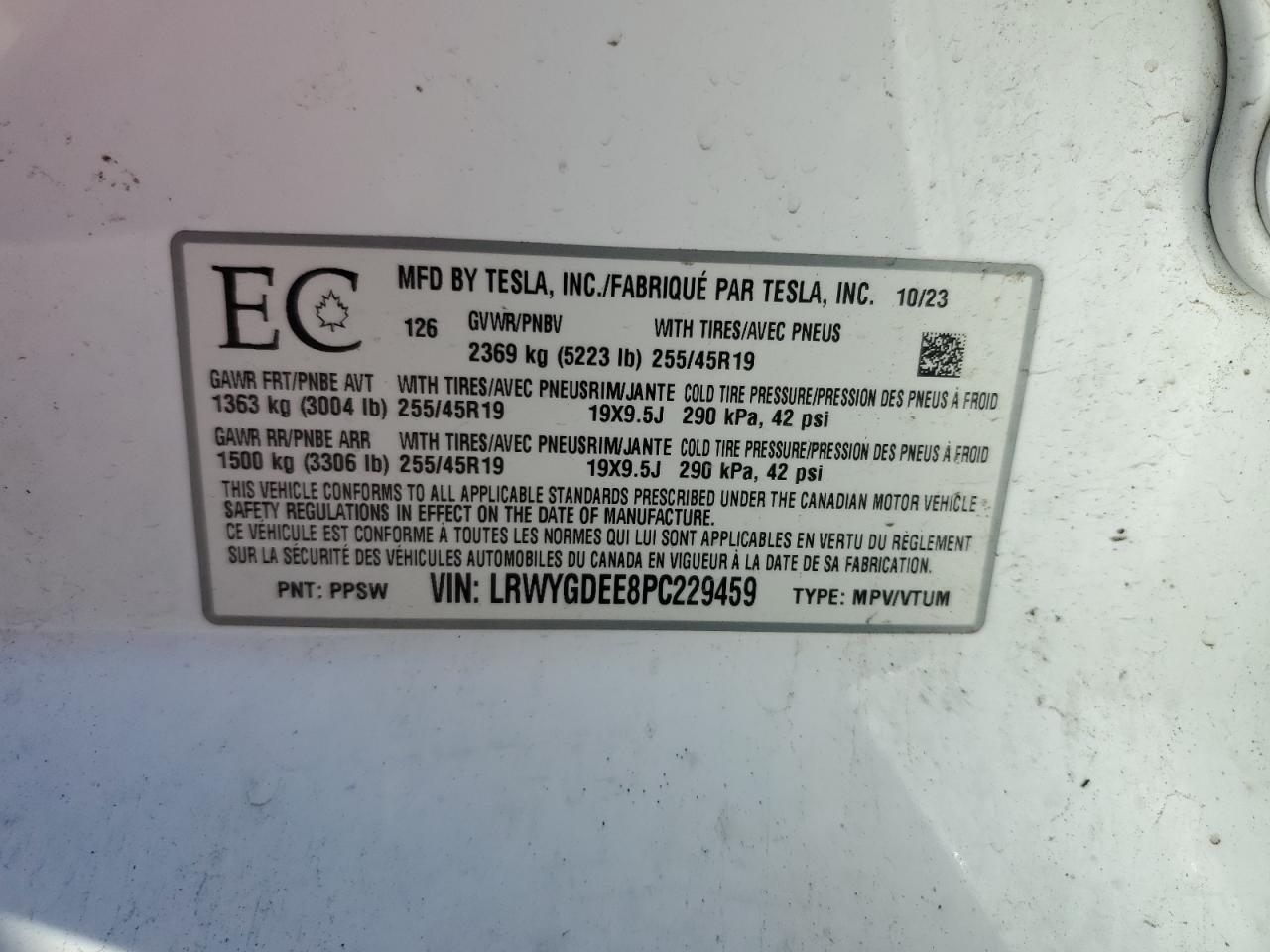 2023 Tesla Model Y VIN: LRWYGDEE8PC229459 Lot: 71490895