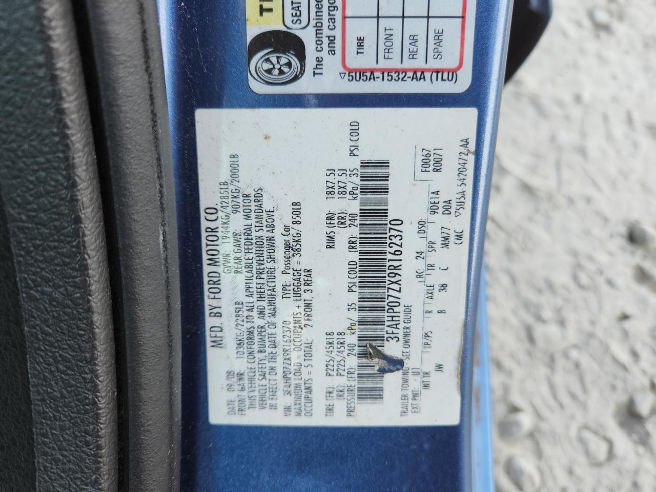 2009 Ford Fusion Se VIN: 3FAHP07ZX9R162370 Lot: 81647375