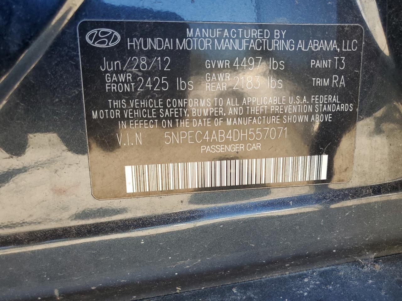 2013 Hyundai Sonata Se VIN: 5NPEC4AB4DH557071 Lot: 71789755