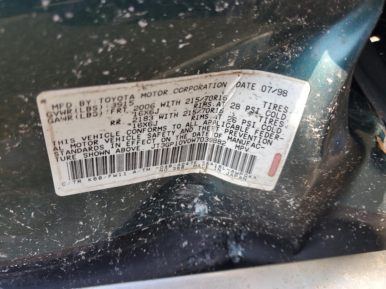 1998 Toyota Rav4 VIN: JT3GP10V0W7039882 Lot: 83950945