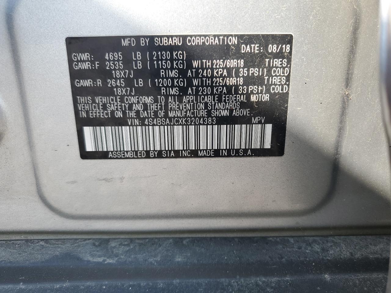 2019 Subaru Outback 2.5I Limited VIN: 4S4BSAJCXK3204383 Lot: 80948505