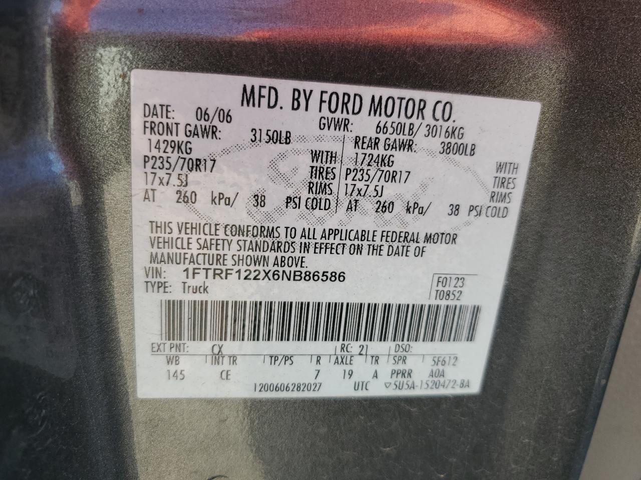 2006 Ford F150 VIN: 1FTRF122X6NB86586 Lot: 80263775