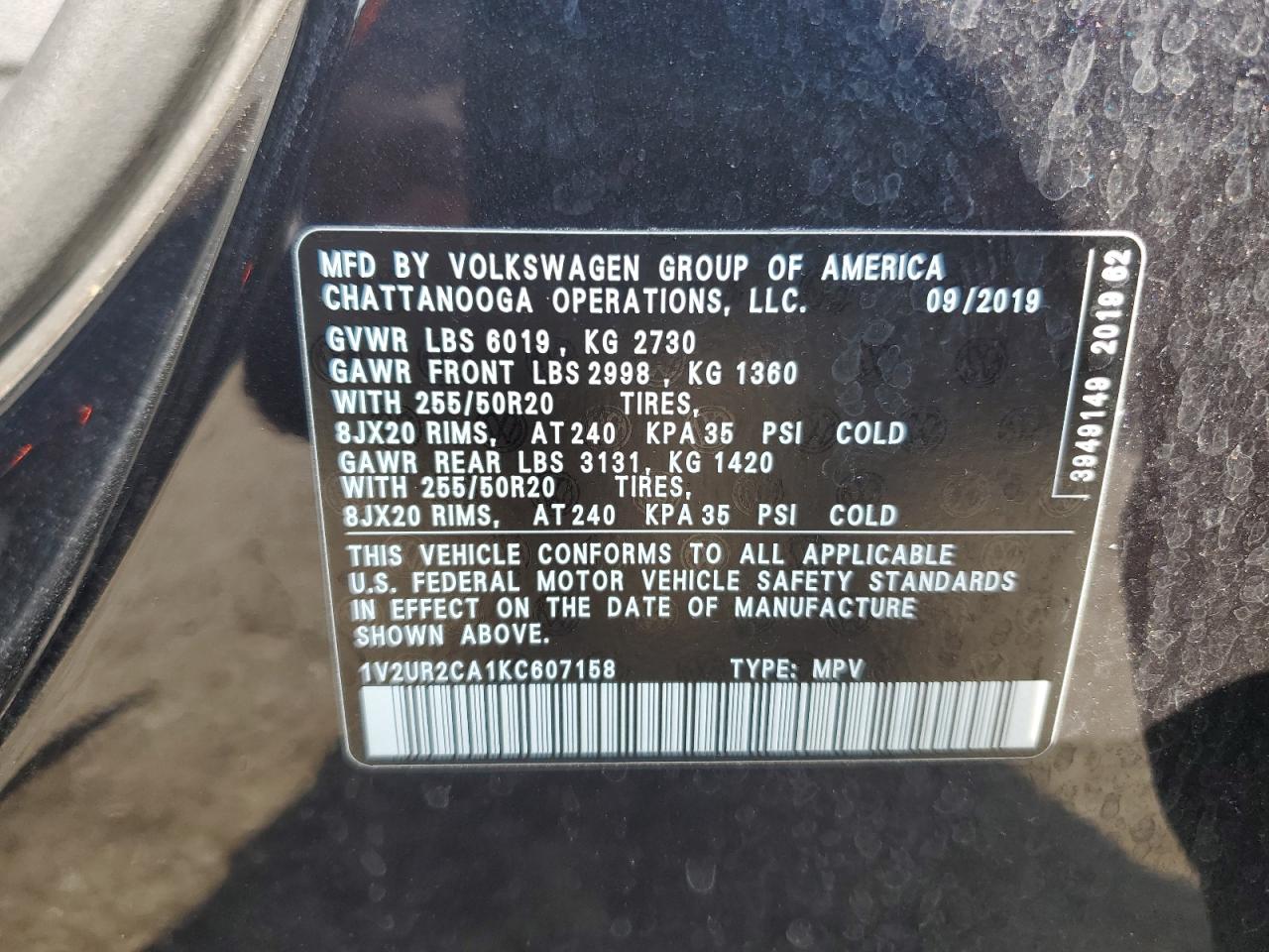 2019 Volkswagen Atlas Se VIN: 1V2UR2CA1KC607158 Lot: 83865065