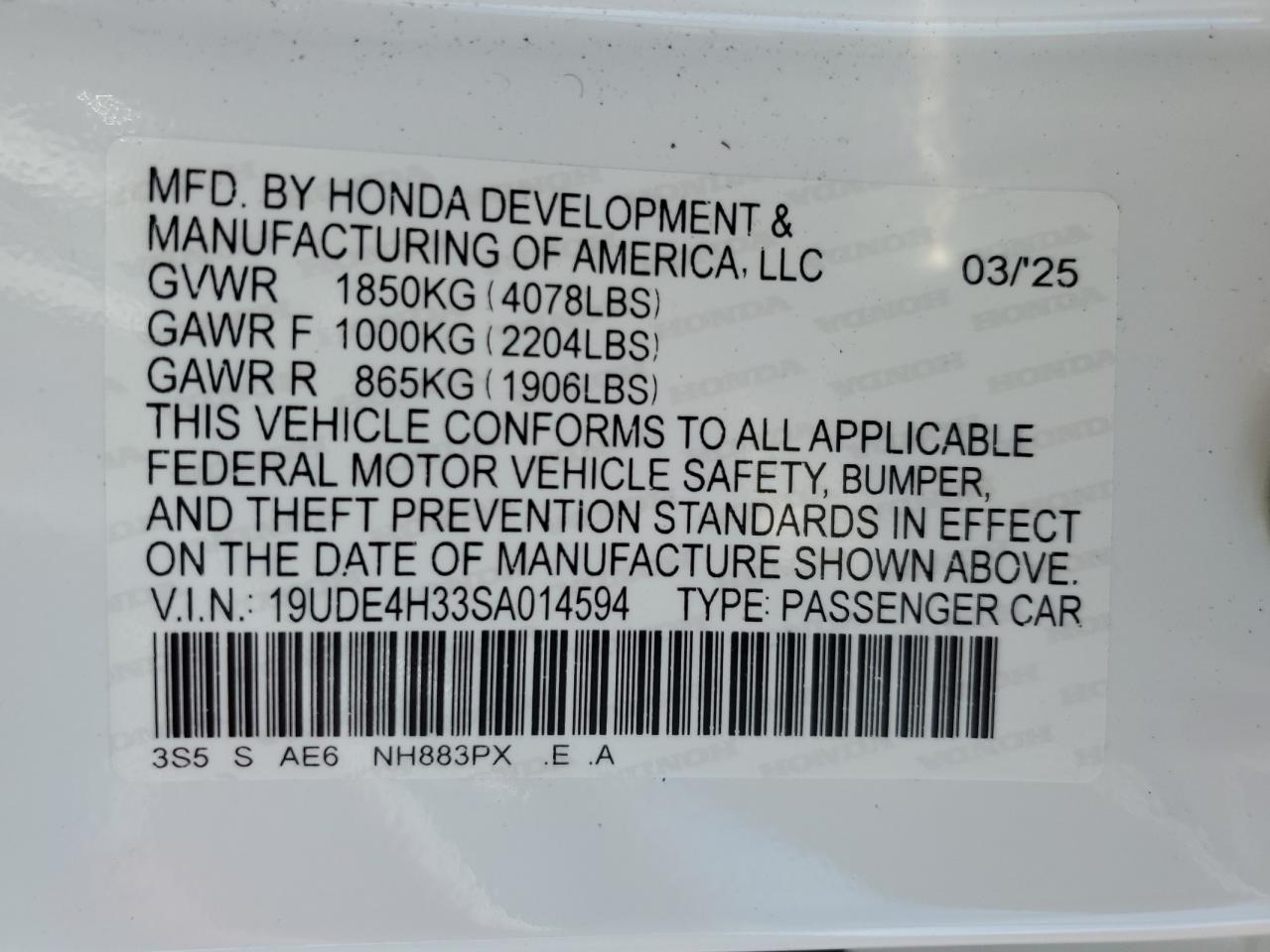 2025 Acura Integra A-Spec VIN: 19UDE4H33SA014594 Lot: 80312685