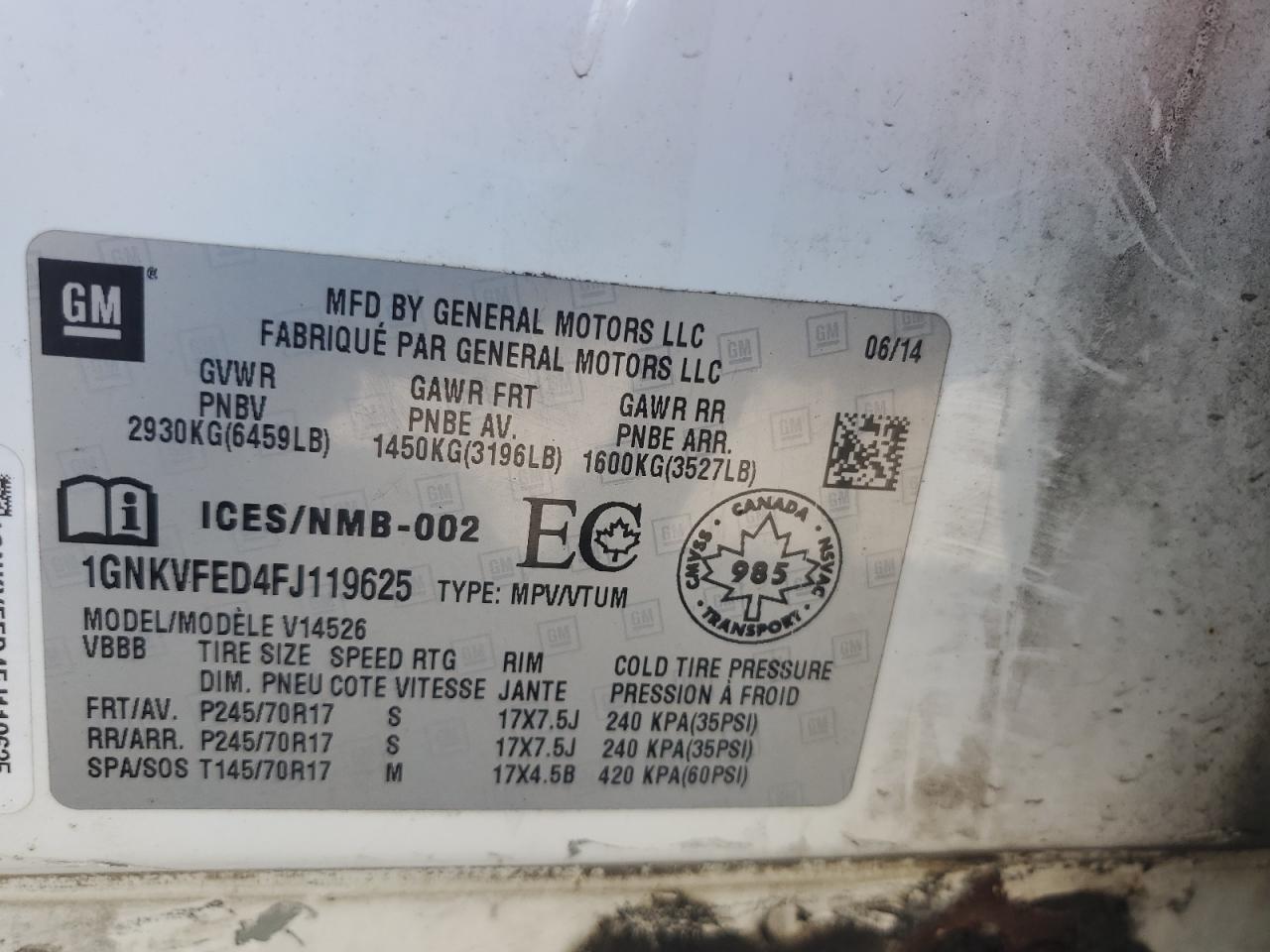 2015 Chevrolet Traverse Ls VIN: 1GNKVFED4FJ119625 Lot: 71714785