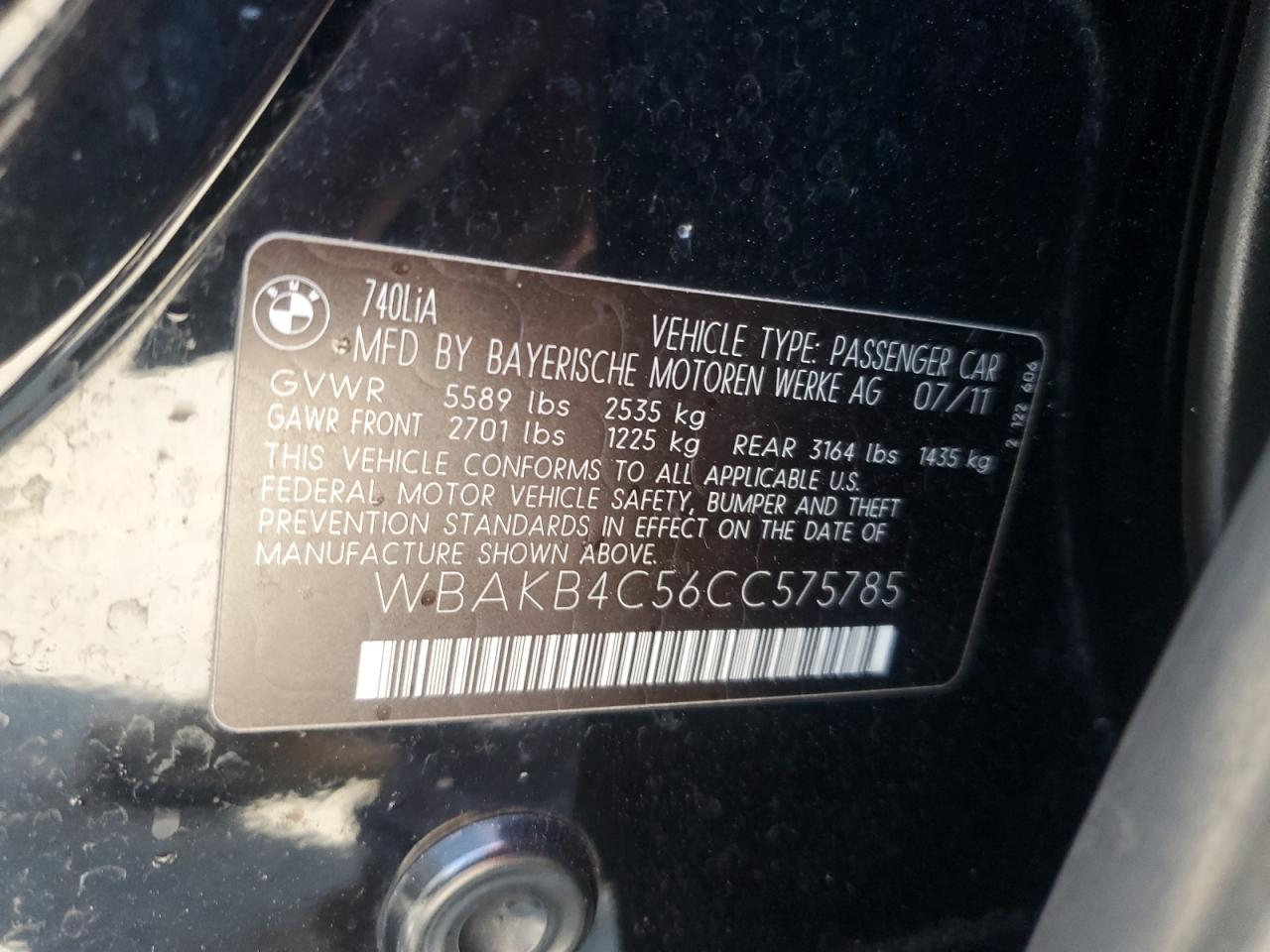 2012 BMW 740 Li VIN: WBAKB4C56CC575785 Lot: 71891665