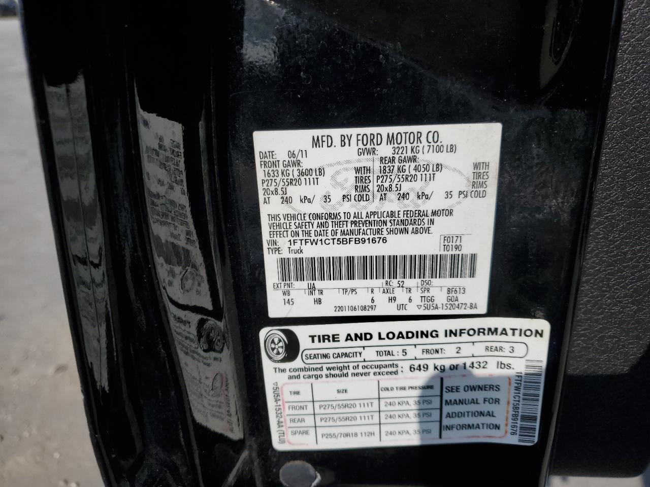2011 Ford F150 Supercrew VIN: 1FTFW1CT5BFB91676 Lot: 80117505