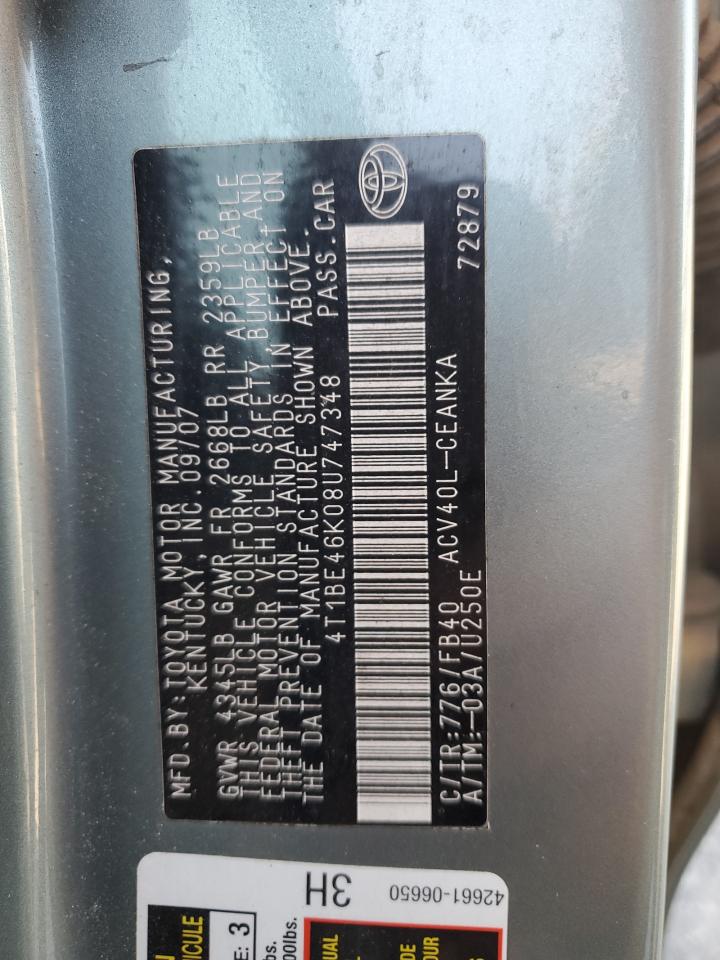 2008 Toyota Camry Ce VIN: 4T1BE46K08U747348 Lot: 71492645