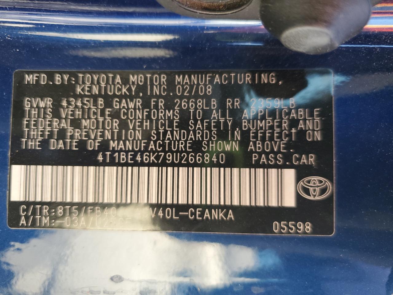 2009 Toyota Camry Base VIN: 4T1BE46K79U266840 Lot: 82135715