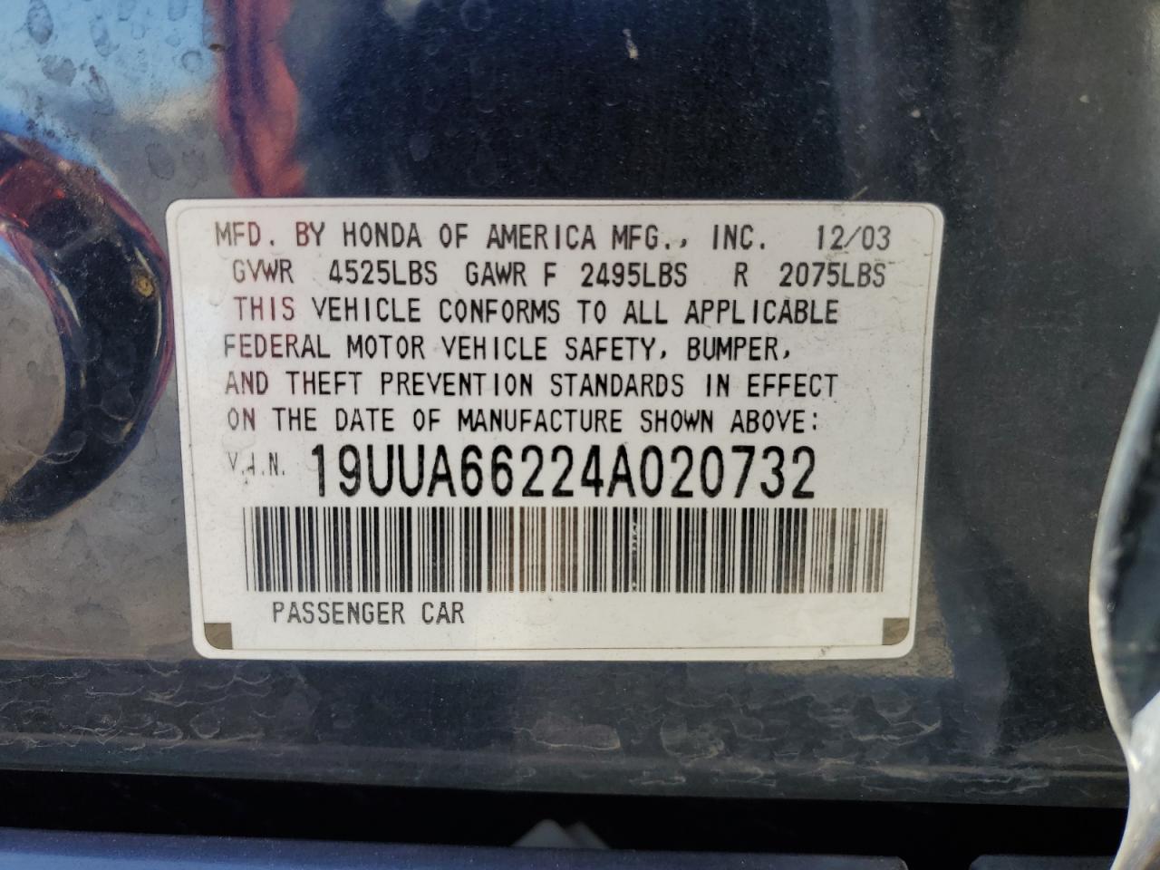 2004 Acura Tl VIN: 19UUA66224A020732 Lot: 80457845