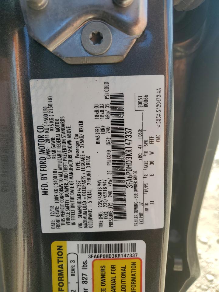 2019 Ford Fusion Se VIN: 3FA6P0HD3KR147337 Lot: 81491965