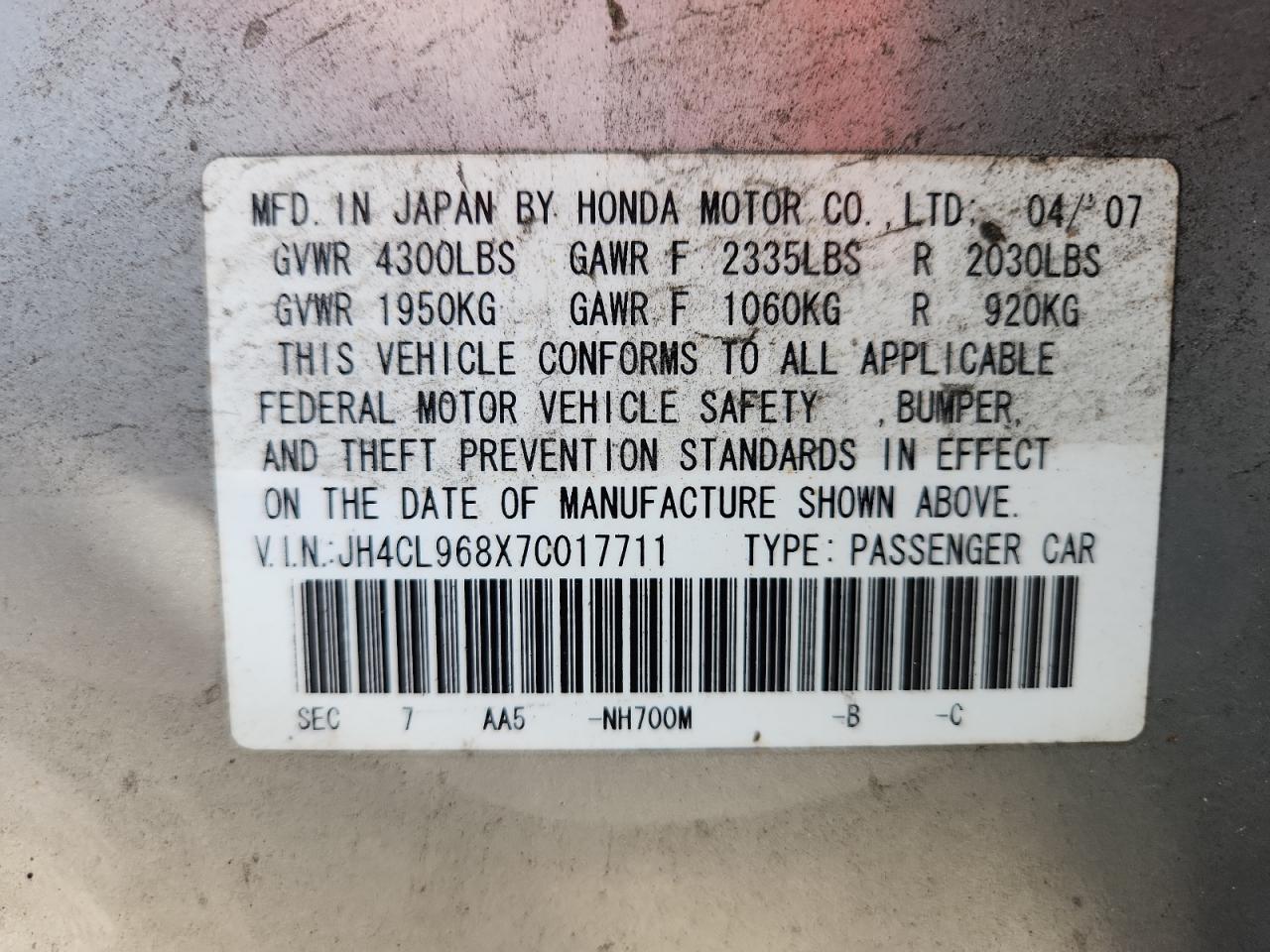 2007 Acura Tsx VIN: JH4CL968X7C017711 Lot: 81704765