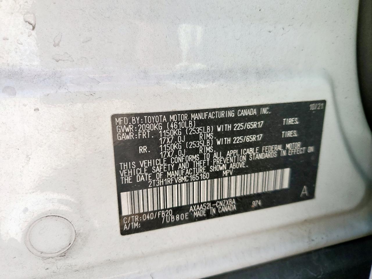 2021 Toyota Rav4 Le VIN: 2T3H1RFV8MC165160 Lot: 80671165