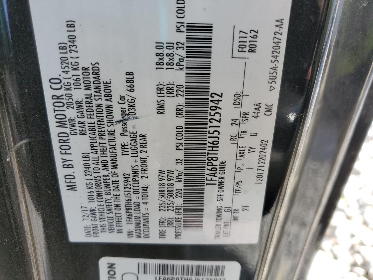 2018 Ford Mustang VIN: 1FA6P8TH6J5125942 Lot: 71808005