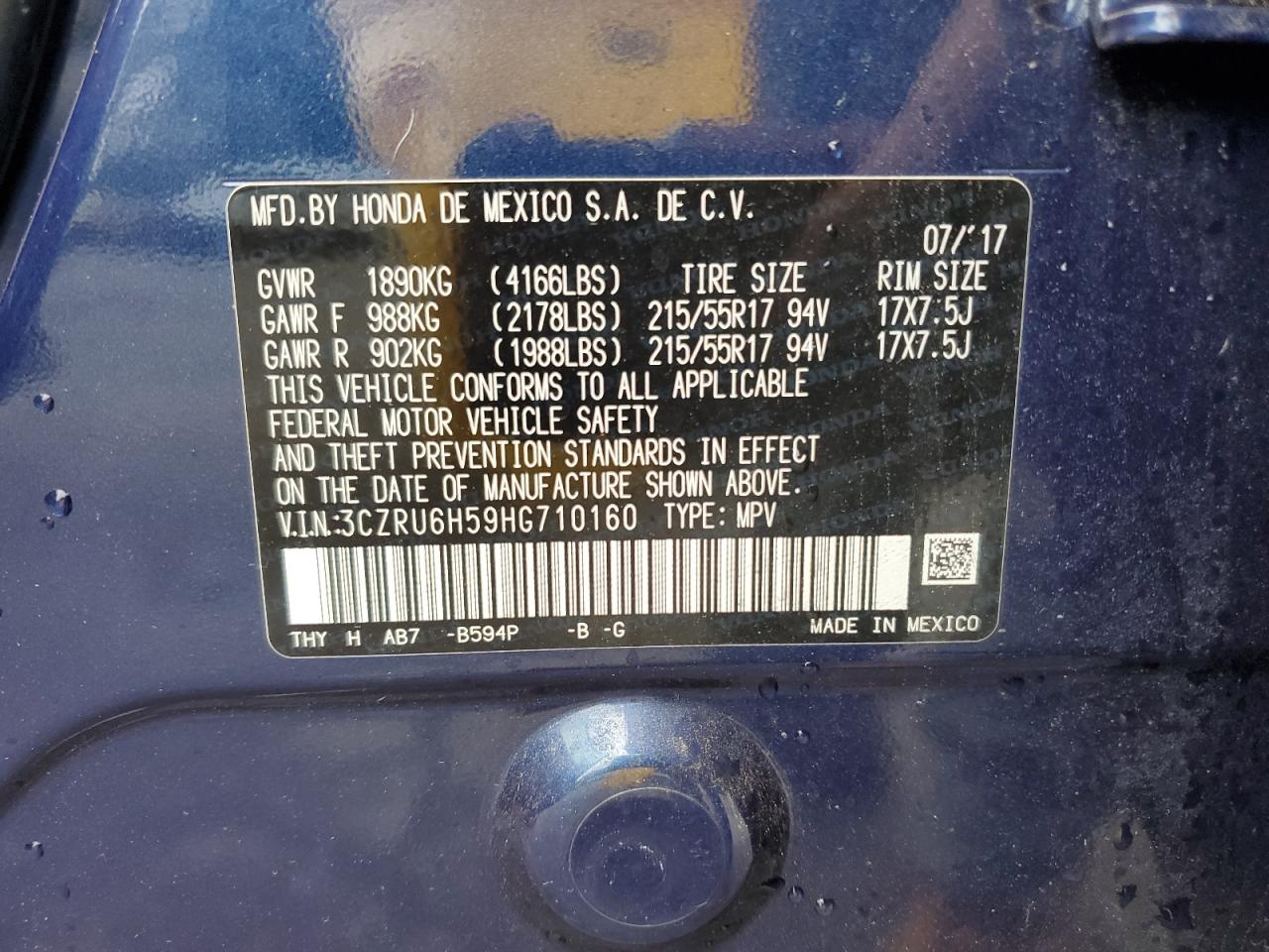 2017 Honda Hr-V Ex VIN: 3CZRU6H59HG710160 Lot: 85153115