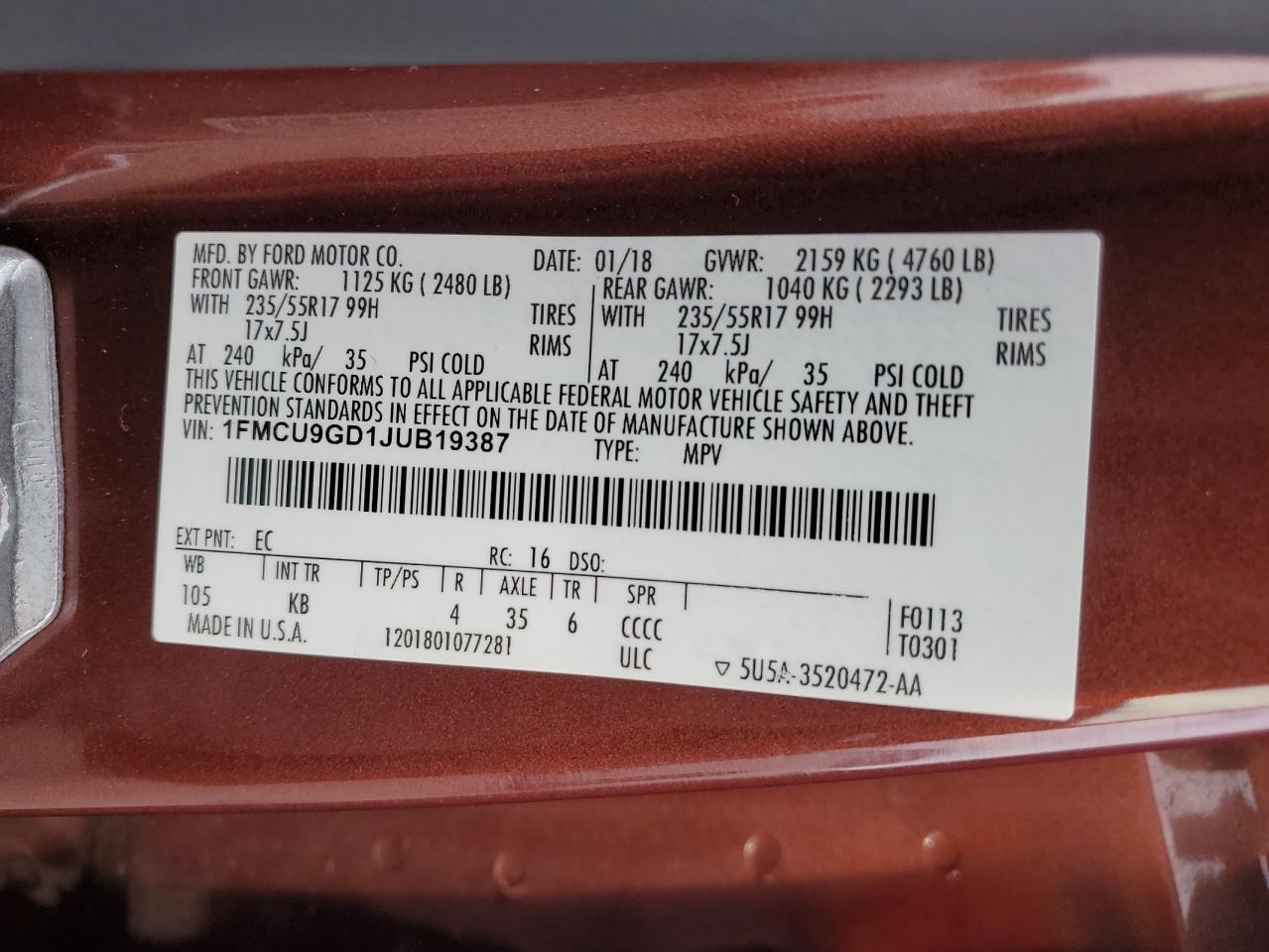 2018 Ford Escape Se VIN: 1FMCU9GD1JUB19387 Lot: 82076635