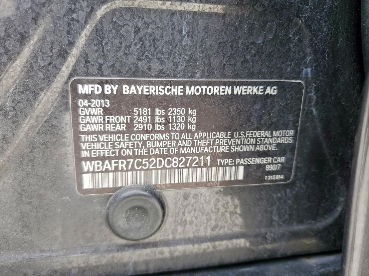 2013 BMW 535 I VIN: WBAFR7C52DC827211 Lot: 71725945