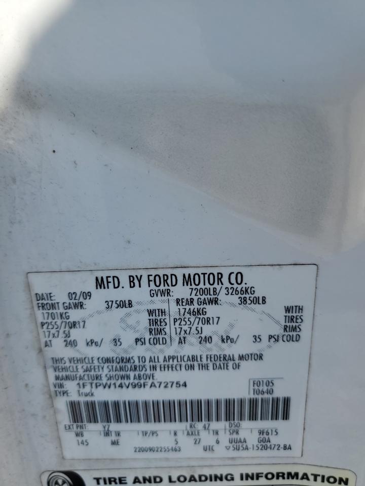 2009 Ford F150 Supercrew VIN: 1FTPW14V99FA72754 Lot: 81371835