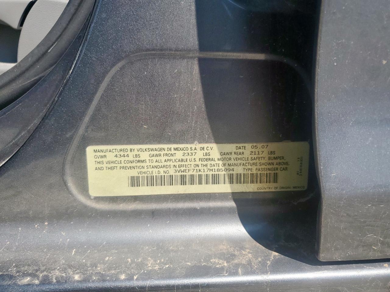 2007 Volkswagen Jetta Wolfsburg VIN: 3VWEF71K17M185094 Lot: 69430695