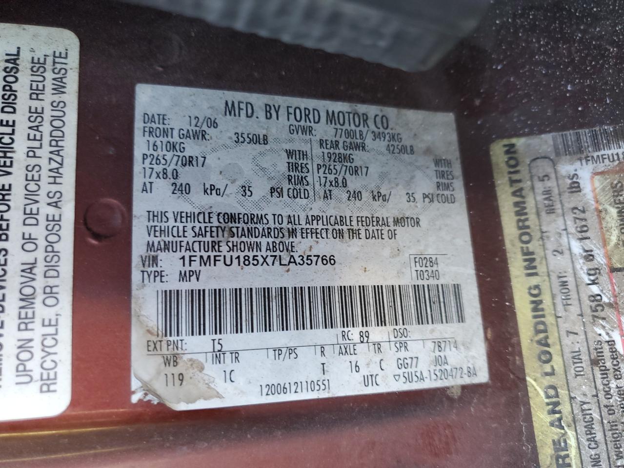 2007 Ford Expedition Eddie Bauer VIN: 1FMFU185X7LA35766 Lot: 80825235