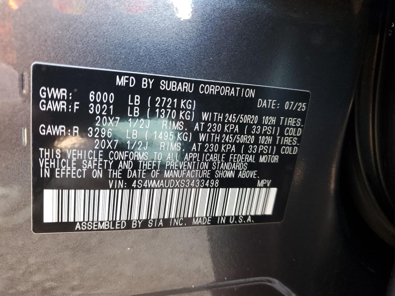 2025 Subaru Ascent Touring VIN: 4S4WMAUDXS3433498 Lot: 80853325