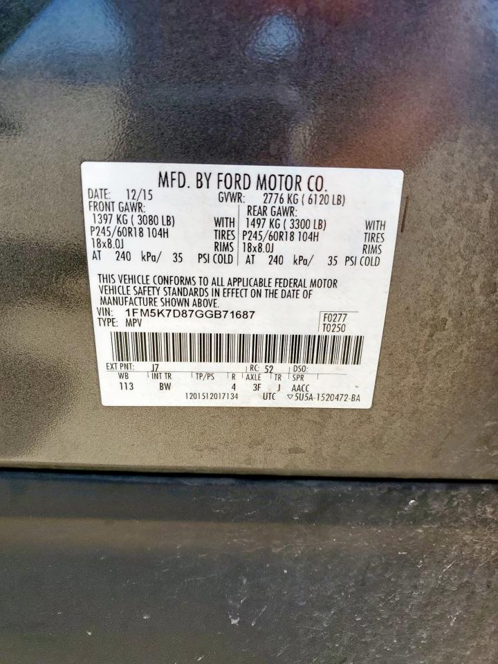 2016 Ford Explorer Xlt VIN: 1FM5K7D87GGB71687 Lot: 84593175