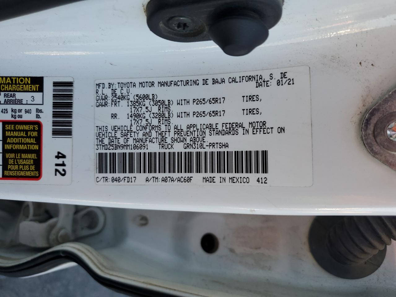 2021 Toyota Tacoma Double Cab VIN: 3TMDZ5BN9MM106091 Lot: 84418445