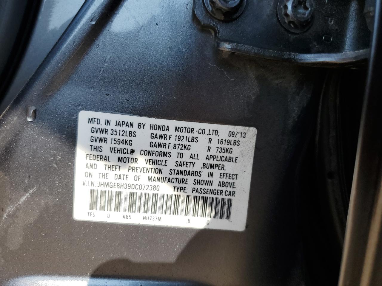 2013 Honda Fit VIN: JHMGE8H39DC072380 Lot: 80202125