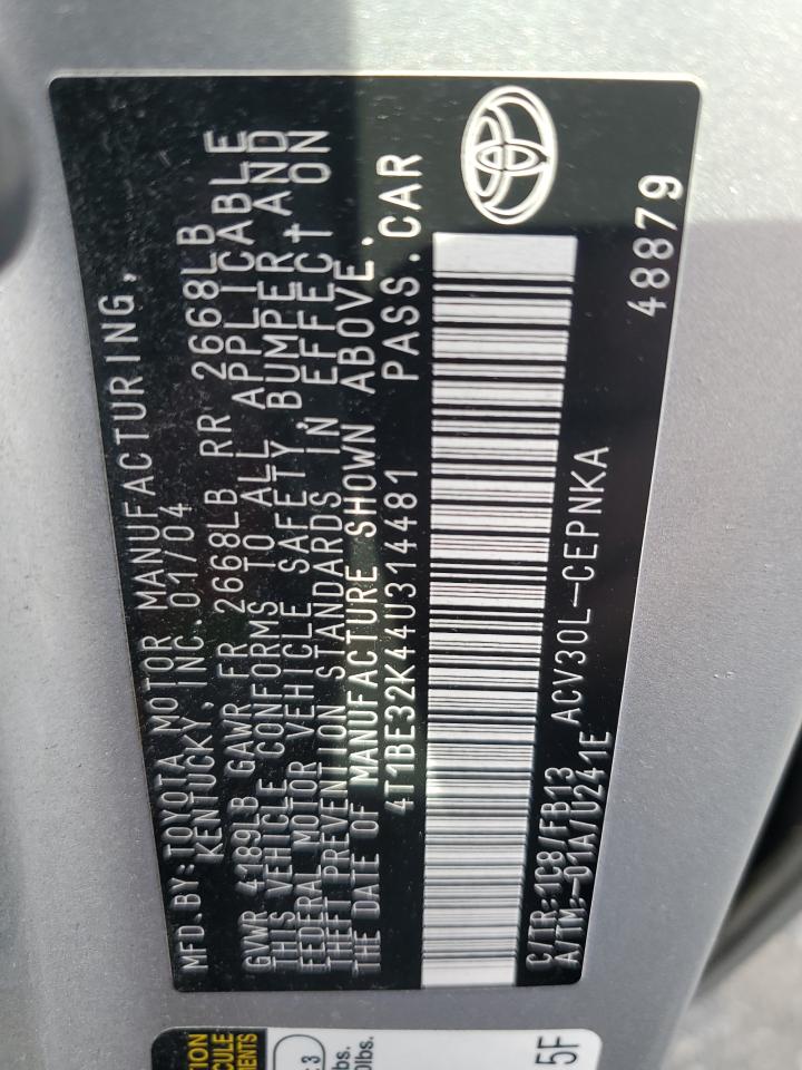 2004 Toyota Camry Le VIN: 4T1BE32K44U314481 Lot: 84003145