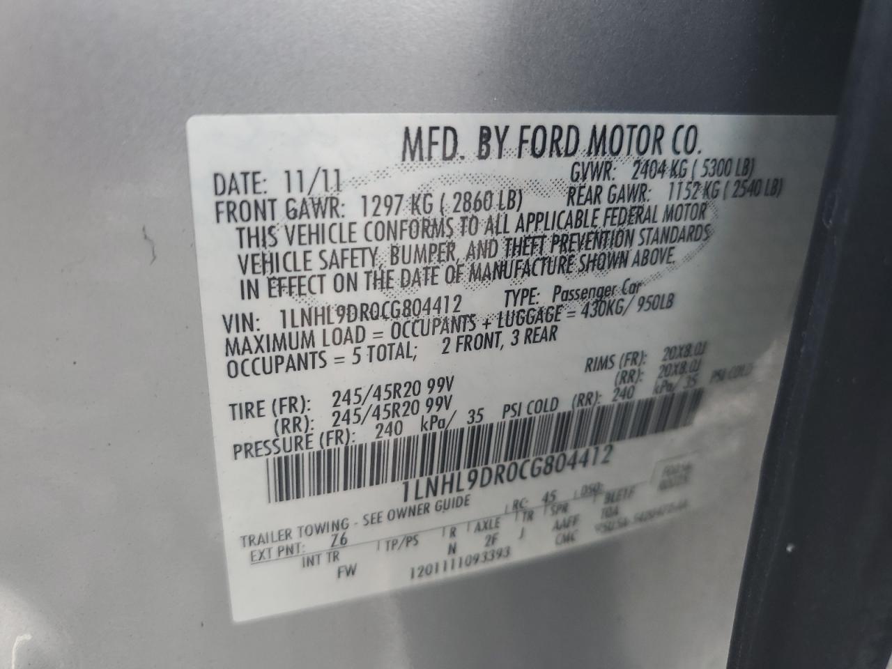 2012 Lincoln Mks VIN: 1LNHL9DR0CG804412 Lot: 71877935