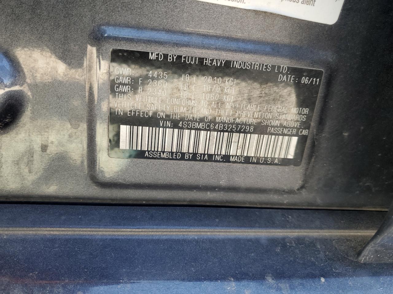 2011 Subaru Legacy 2.5I Premium VIN: 4S3BMBC64B3257298 Lot: 81323375