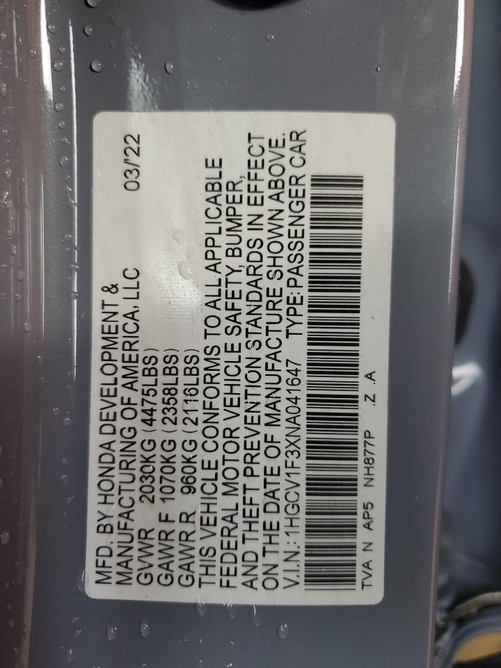 2022 Honda Accord Sport VIN: 1HGCV1F3XNA041647 Lot: 83967325