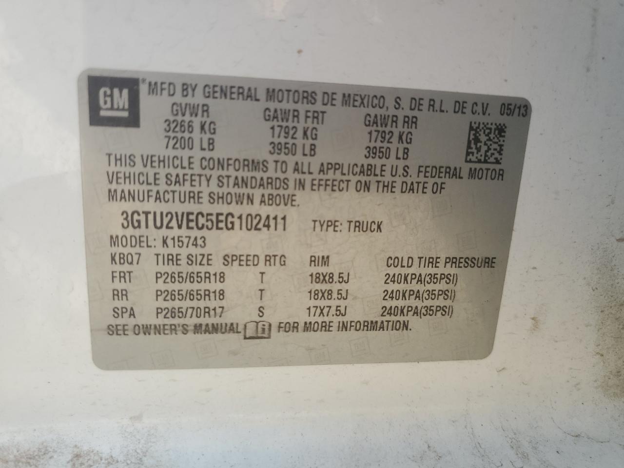 2014 GMC Sierra K1500 Slt VIN: 3GTU2VEC5EG102411 Lot: 80066625