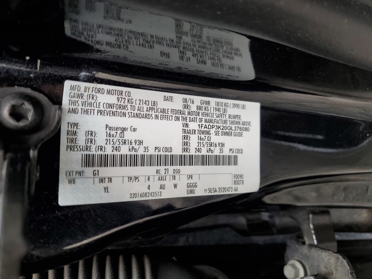 2016 Ford Focus Se VIN: 1FADP3K20GL376080 Lot: 80755595