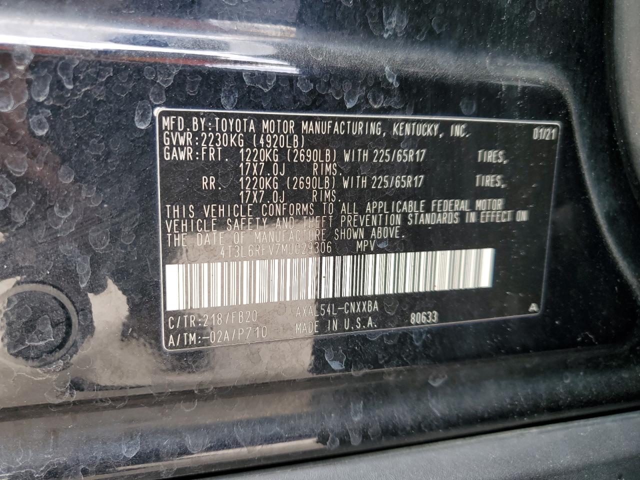 2021 Toyota Rav4 Le VIN: 4T3L6RFV7MU029306 Lot: 71502495