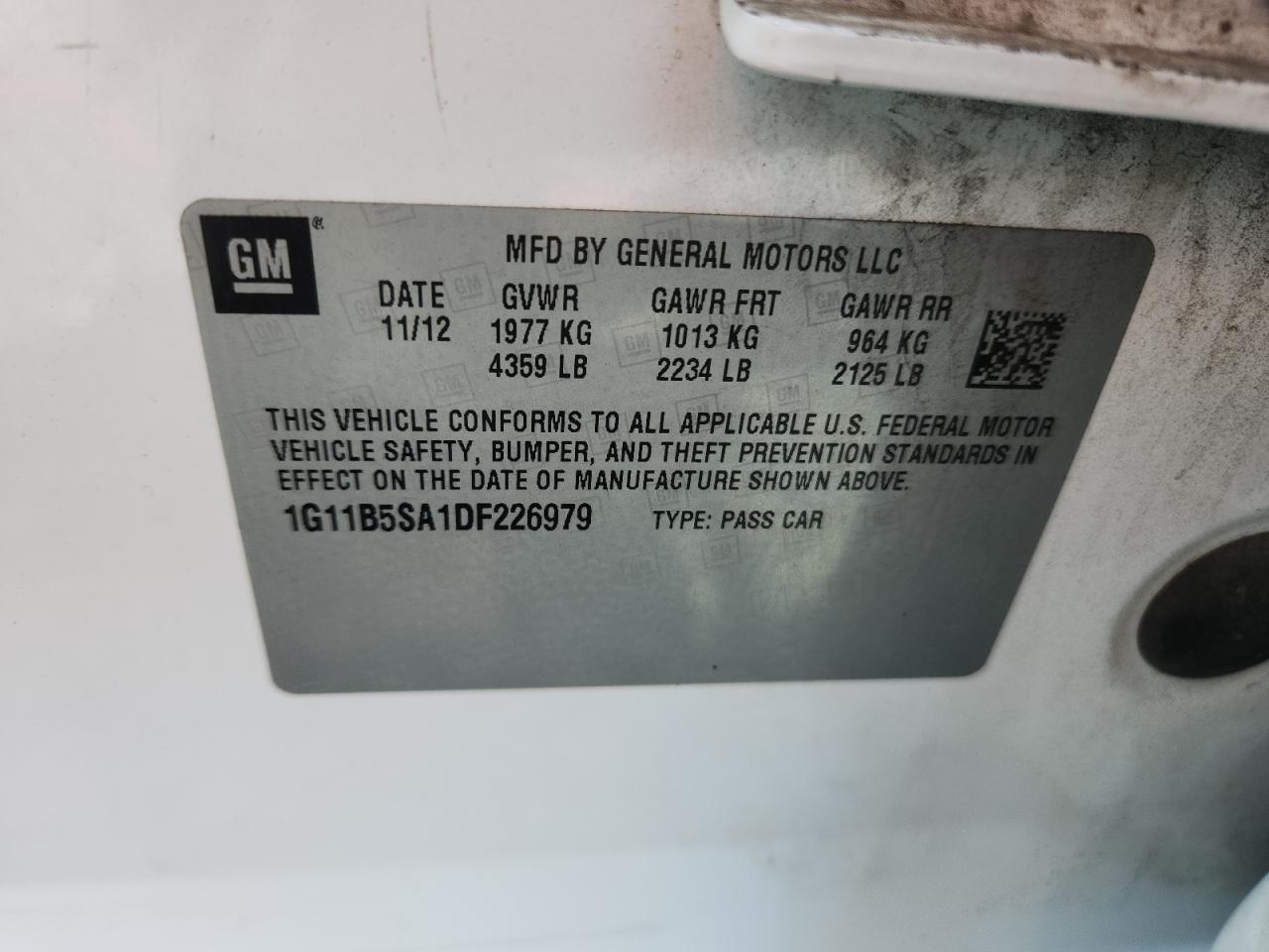 2013 Chevrolet Malibu Ls VIN: 1G11B5SA1DF226979 Lot: 81425975