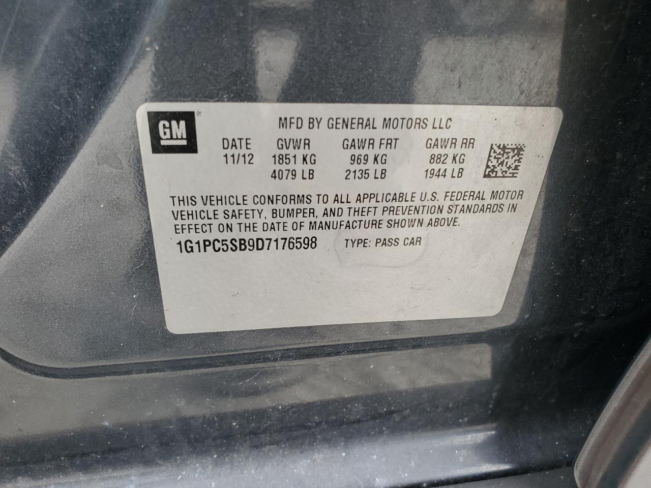 2013 Chevrolet Cruze Lt VIN: 1G1PC5SB9D7176598 Lot: 81191435