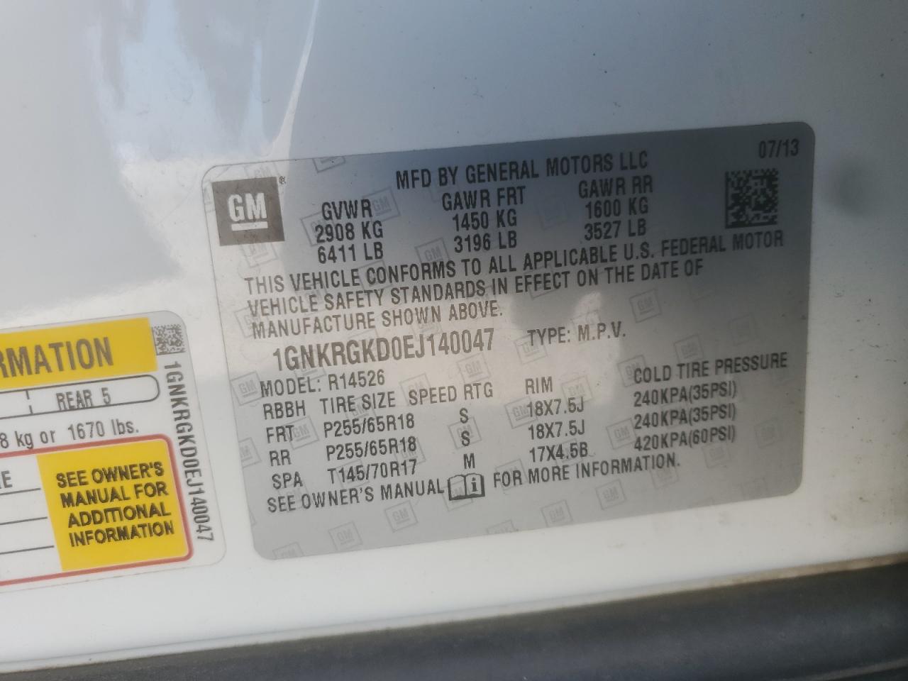2014 Chevrolet Traverse Lt VIN: 1GNKRGKD0EJ140047 Lot: 80797025